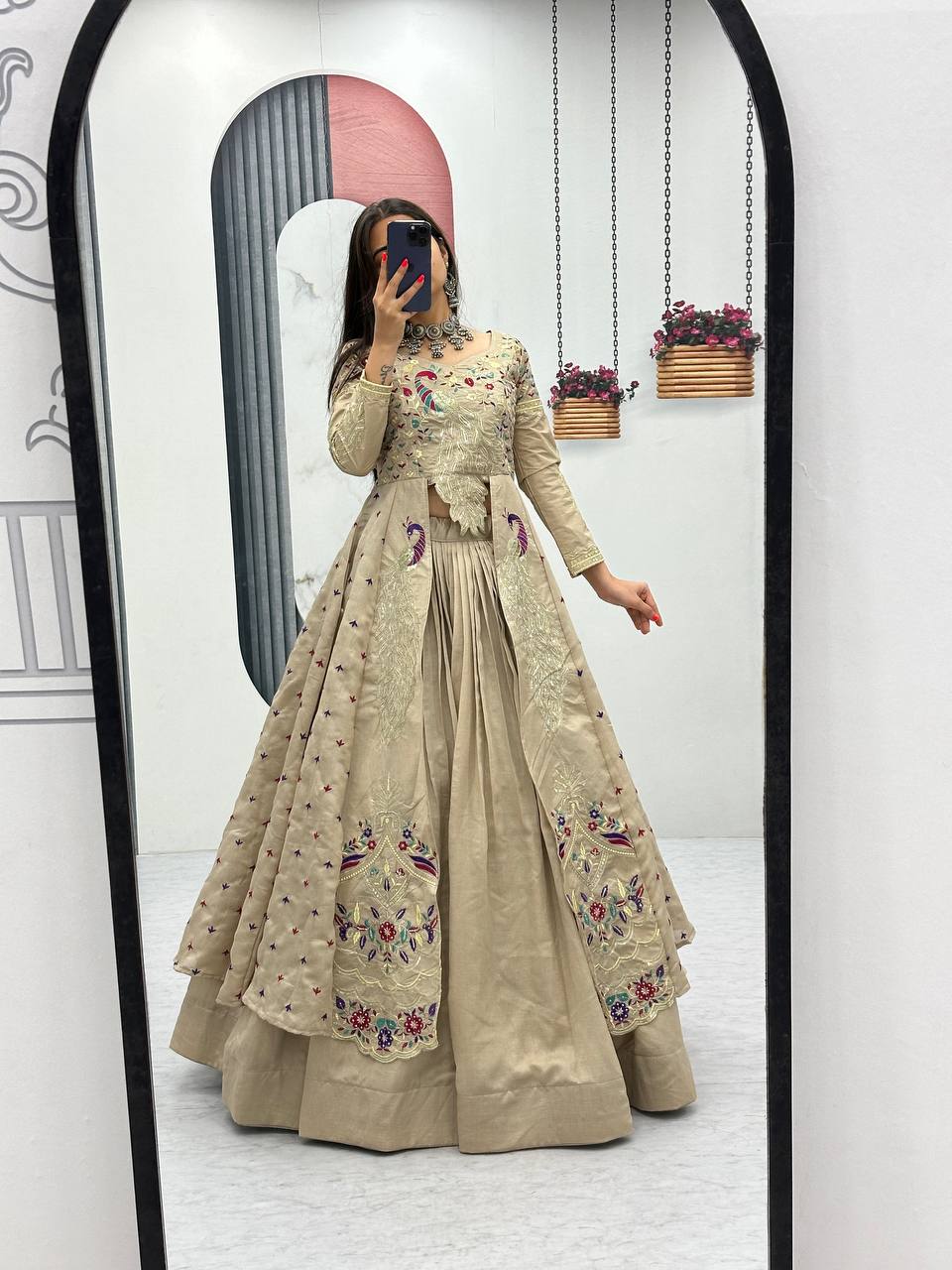 Festival Special Vichitra Silk Crop Top with Shrug & Lehenga 