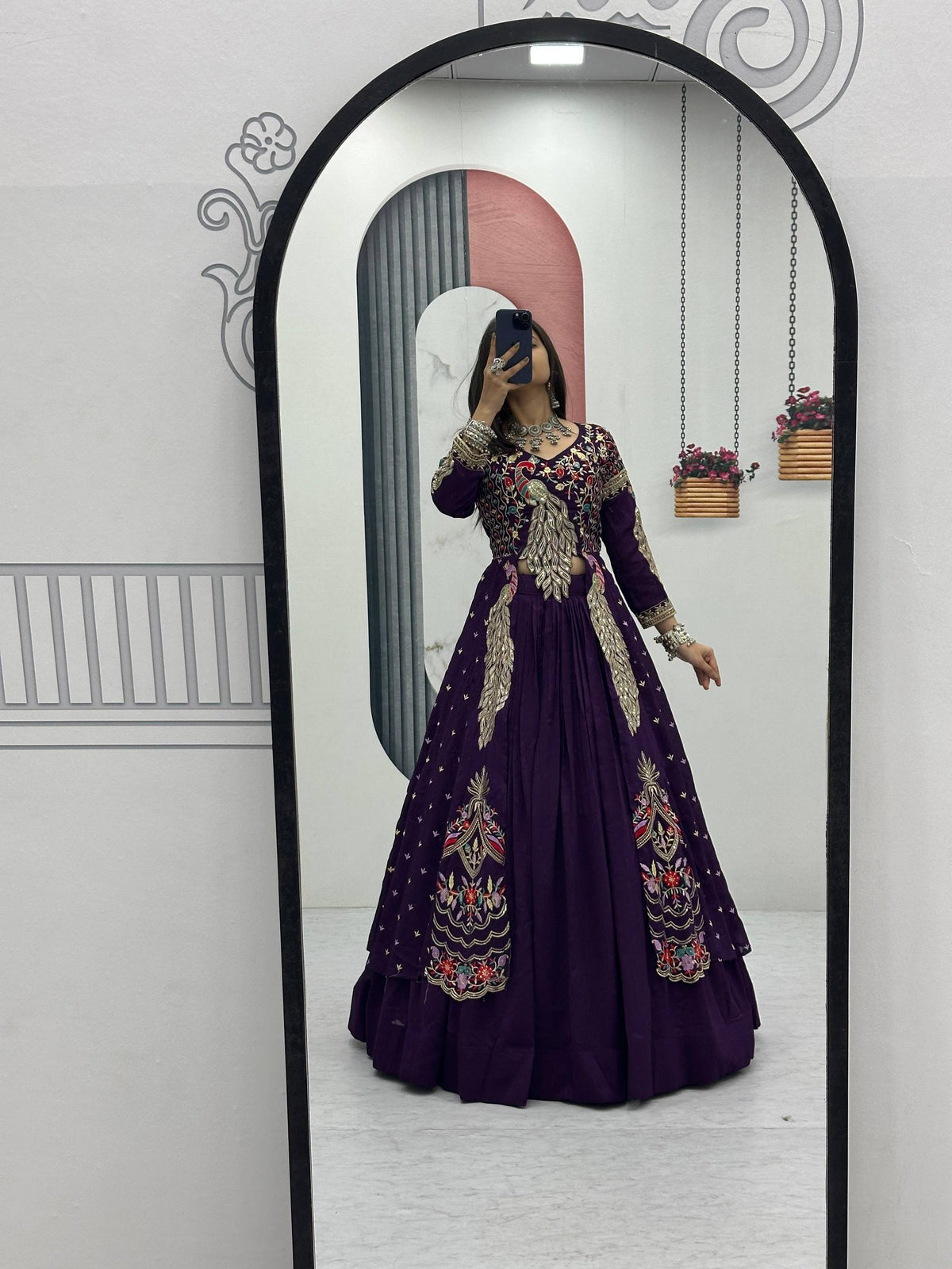 Festival Special Vichitra Silk Crop Top with Shrug & Lehenga 