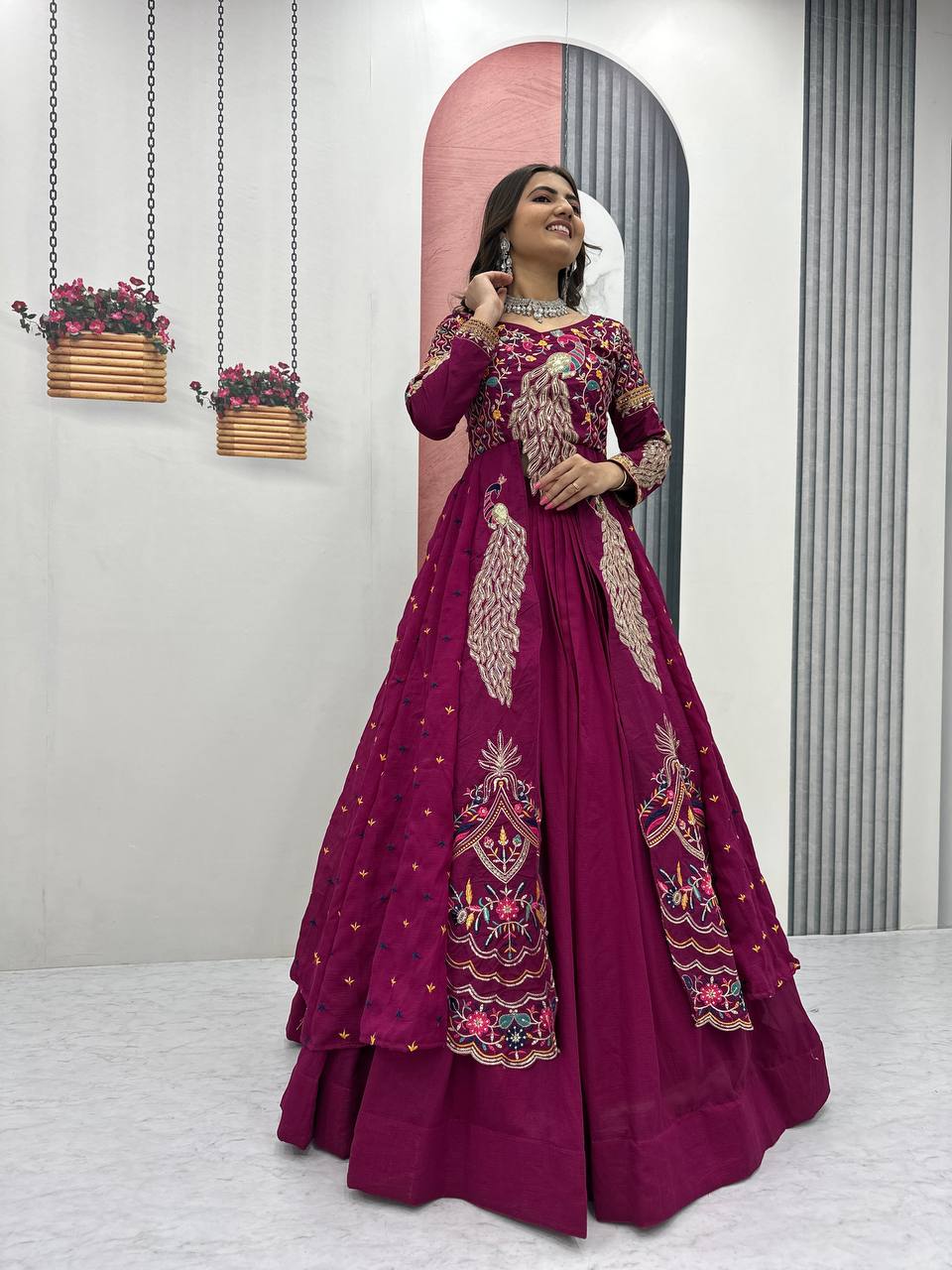 Festival Special Vichitra Silk Crop Top with Shrug & Lehenga