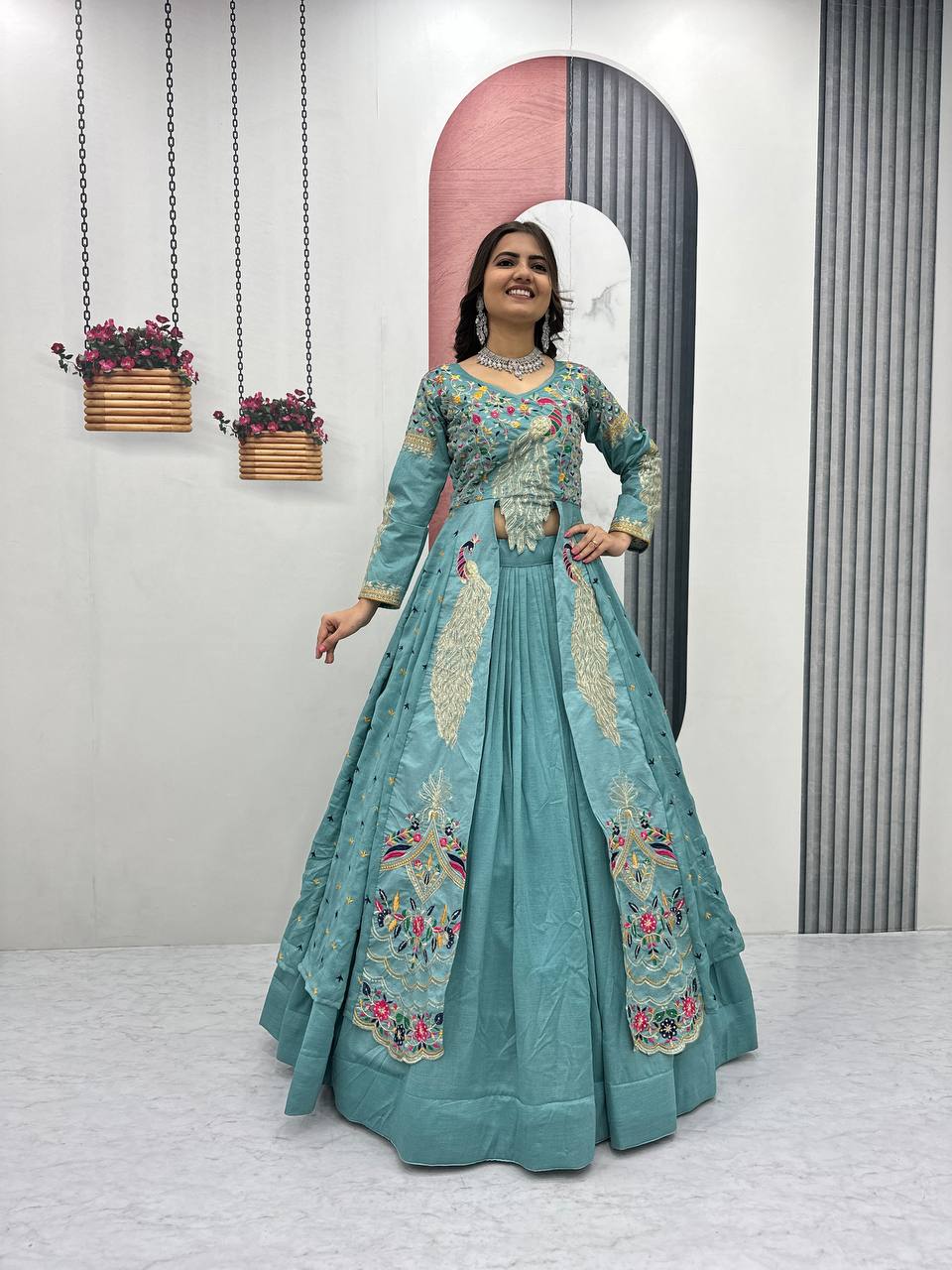 Festival Special Vichitra Silk Crop Top with Shrug & Lehenga