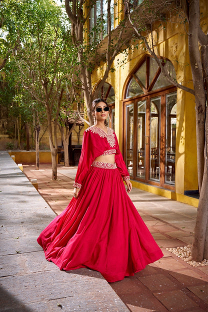 Designer Vichitra Silk Thread Embroidered Lehenga Co Ord Set