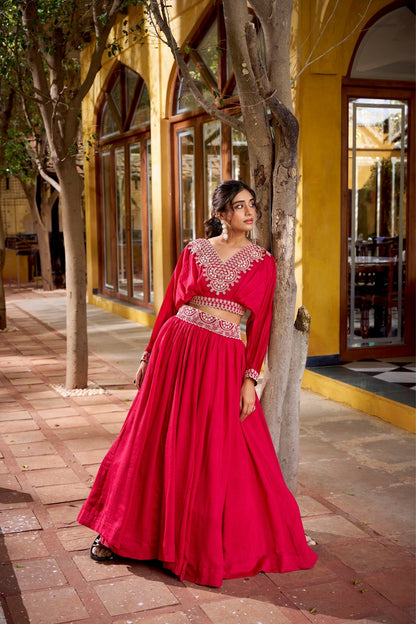 Designer Vichitra Silk Thread Embroidered Lehenga Co Ord Set