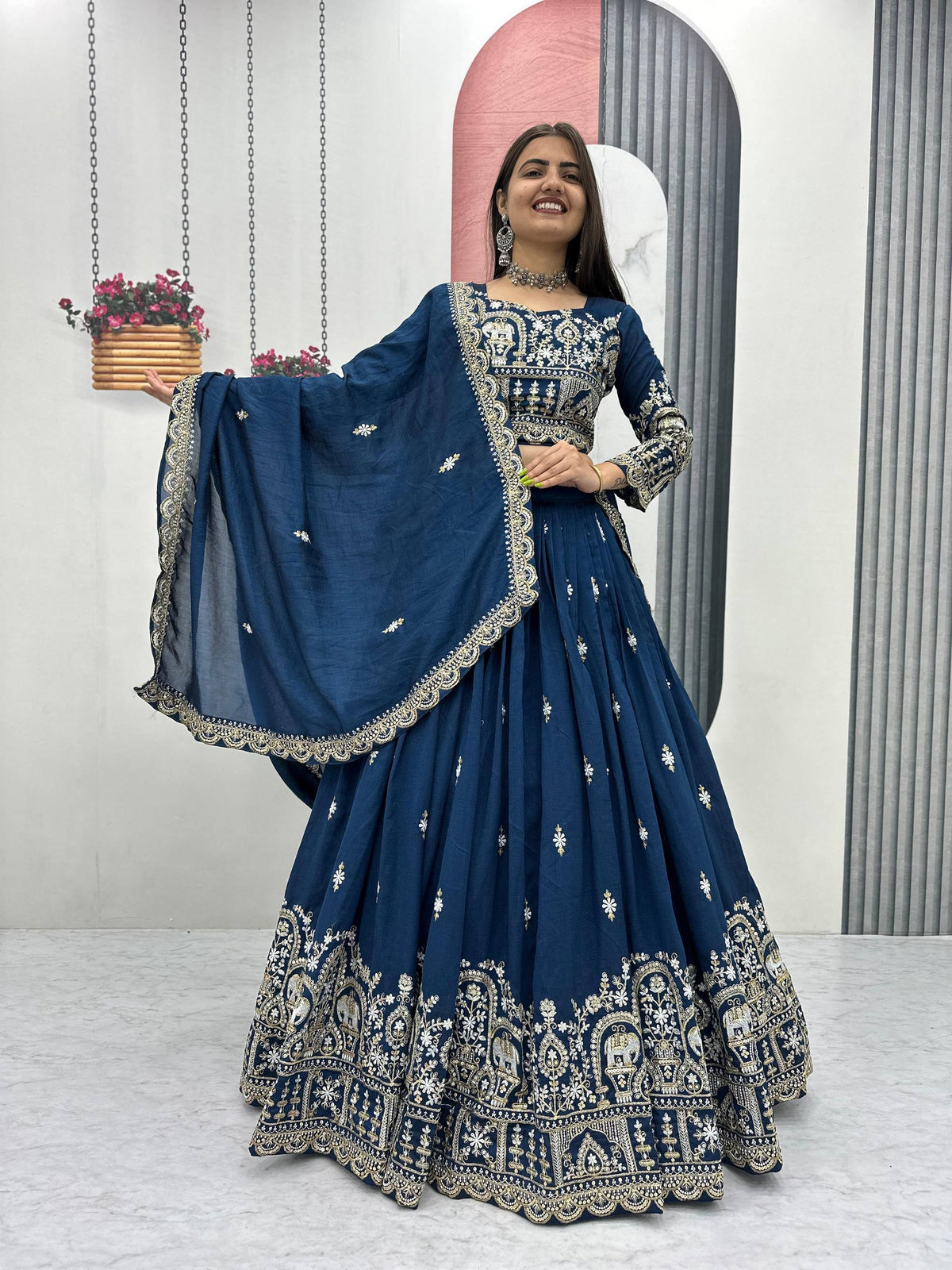 Designer Vichitra Silk Heavy Embroidered Lehenga Choli for Women