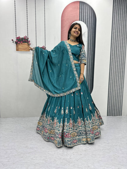 Vichitra Silk Lehenga Set with Sequin and Thread Detailing