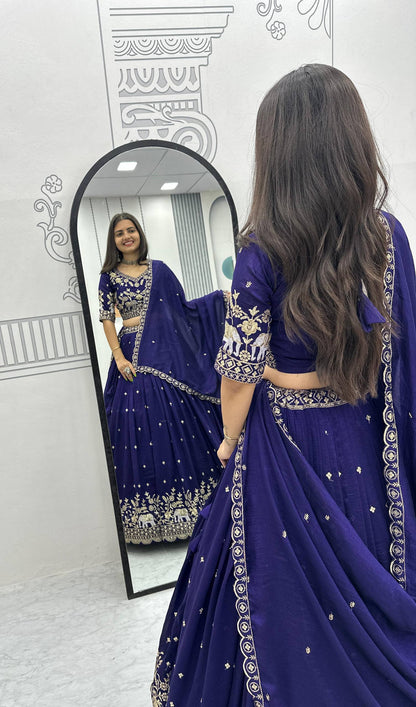 Pure Vichitra Silk Heavy Embroidered Lehenga Set with Dupatta