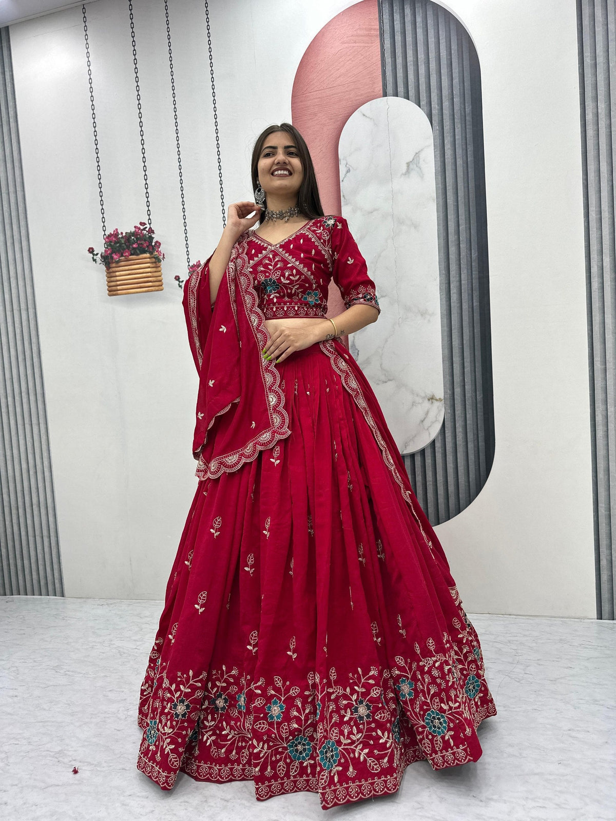 Heavy Embroidered Pure Blooming Vichitra Silk Lehenga Choli Set