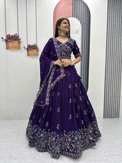 Heavy Embroidered Pure Blooming Vichitra Silk Lehenga Choli Set