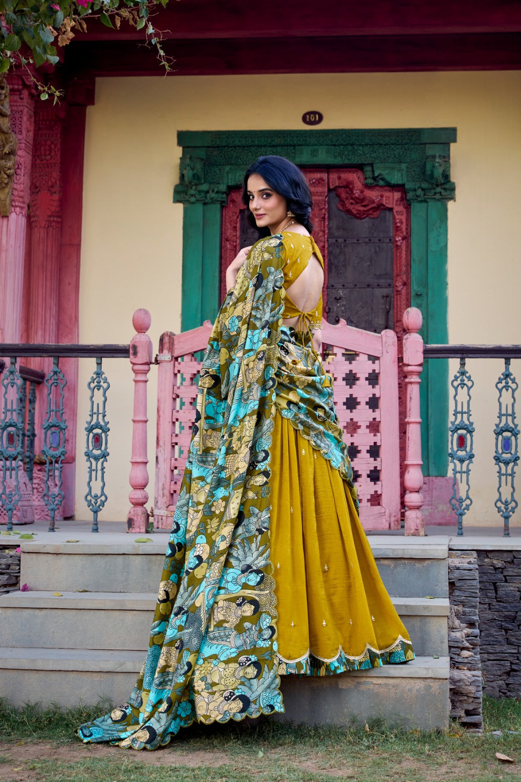 Traditional Glamour in Vichitra Silk Lehenga Choli with Kalamkari Dupatta