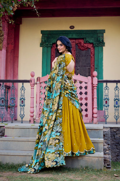 Traditional Glamour in Vichitra Silk Lehenga Choli with Kalamkari Dupatta
