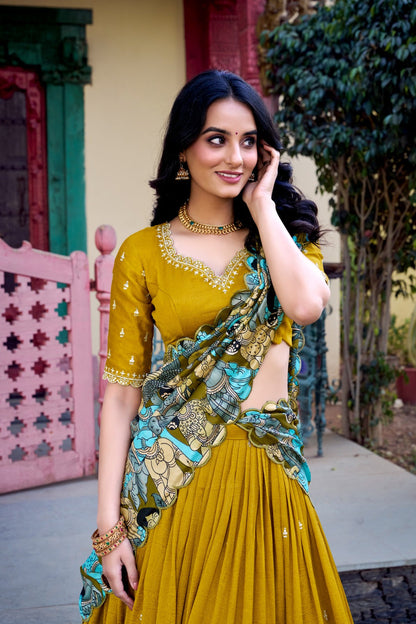 Traditional Glamour in Vichitra Silk Lehenga Choli with Kalamkari Dupatta