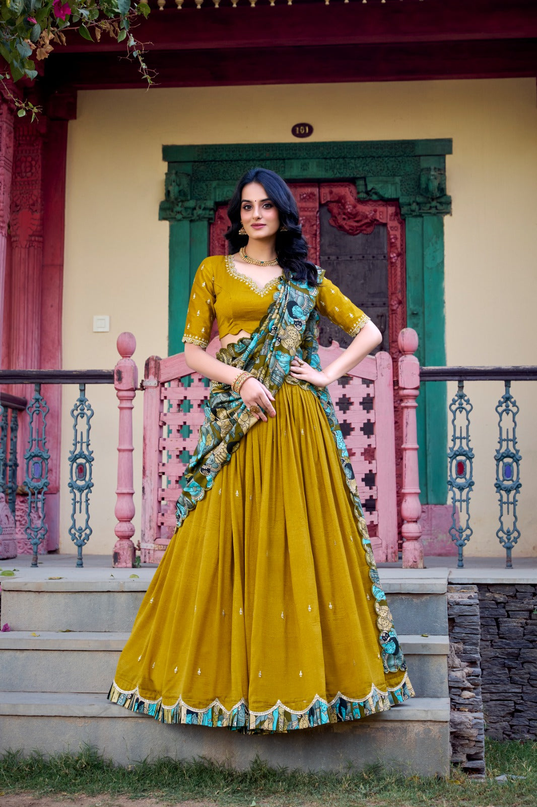 Traditional Glamour in Vichitra Silk Lehenga Choli with Kalamkari Dupatta
