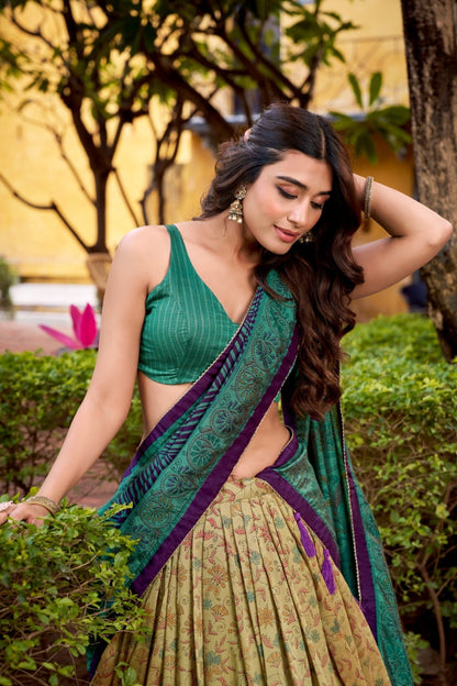 Heritage Inspired Vichitra Silk Printed Luxury Lehenga Set With Elegant Flare