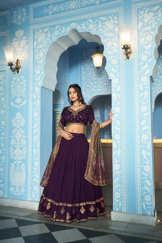 Festive Wear Vichitra Silk Sequins & Thread Embroidery Lehenga Set 