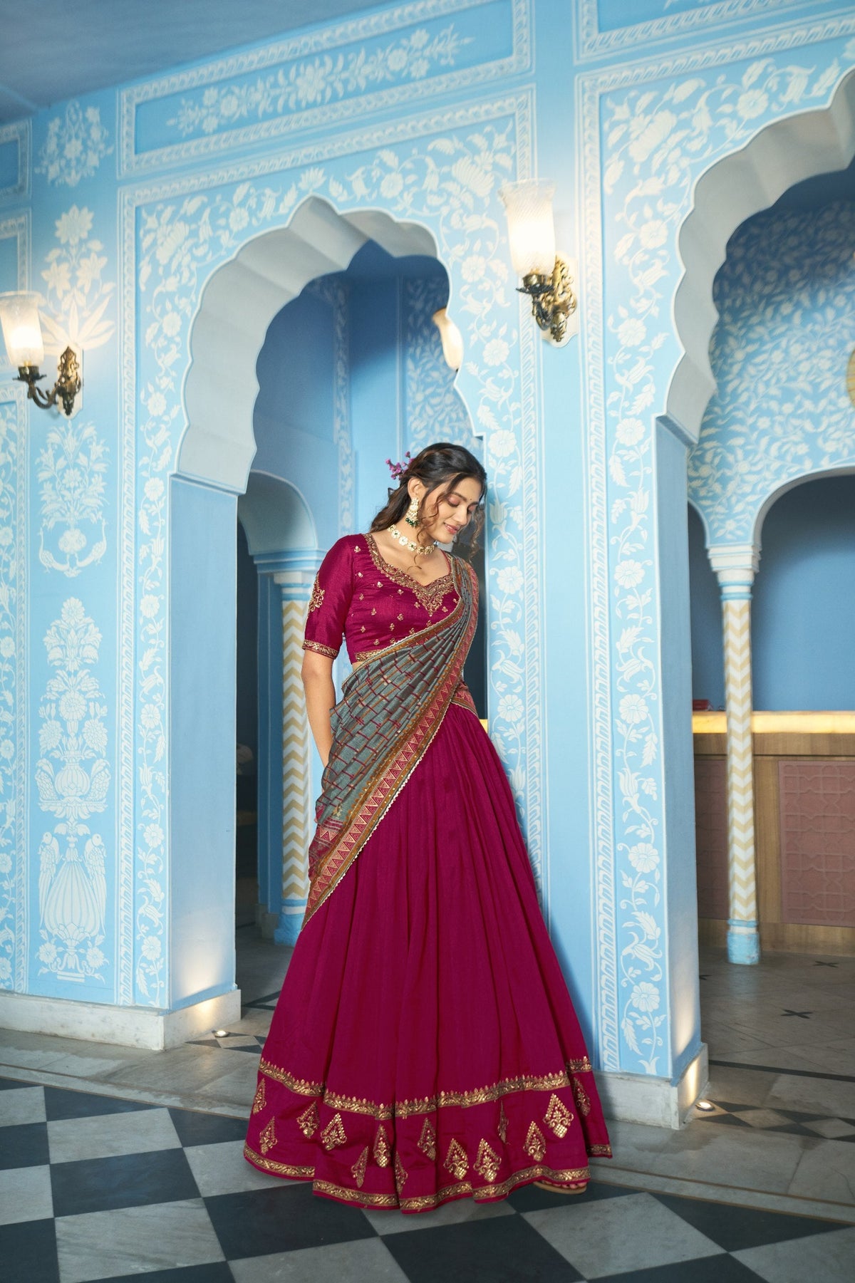 Festive Wear Vichitra Silk Sequins & Thread Embroidery Lehenga Set