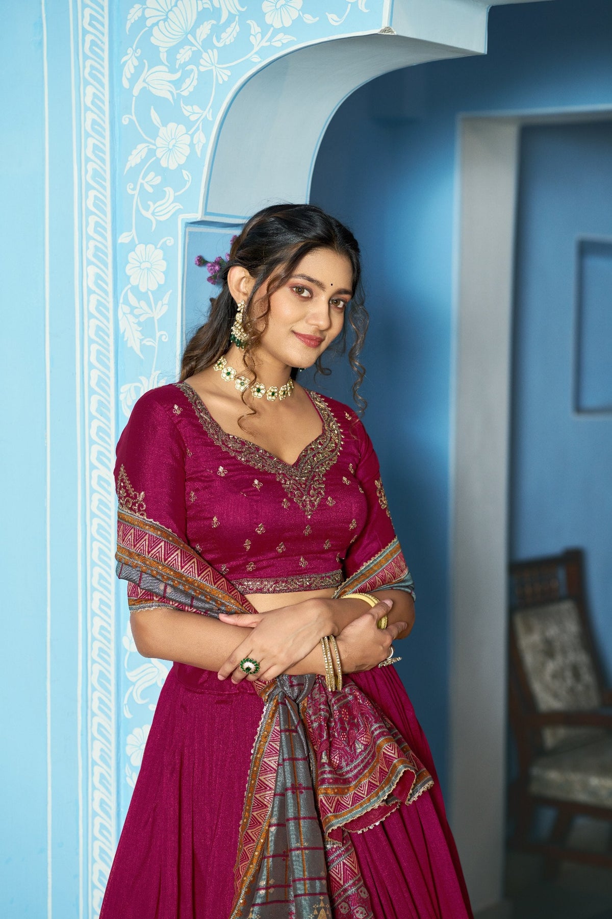 Festive Wear Vichitra Silk Sequins & Thread Embroidery Lehenga Set
