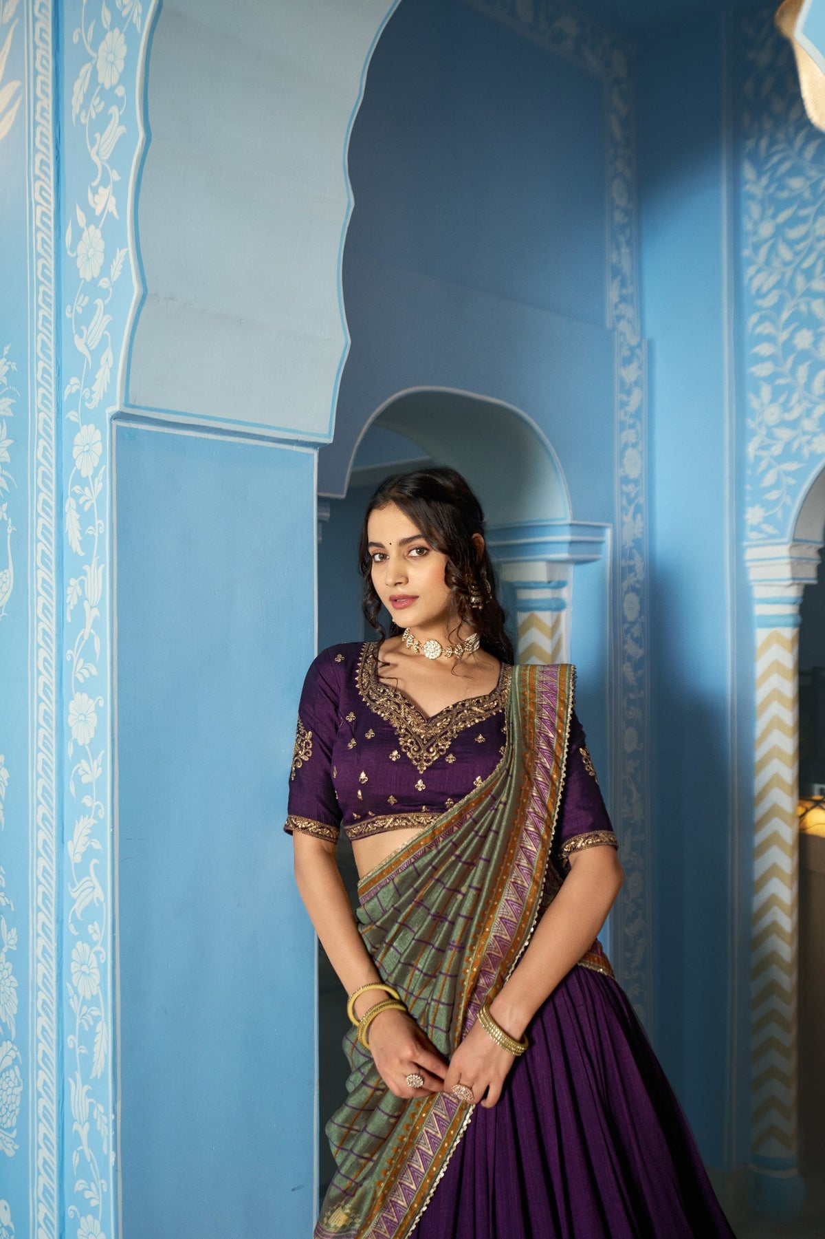 Festive Wear Vichitra Silk Sequins & Thread Embroidery Lehenga Set