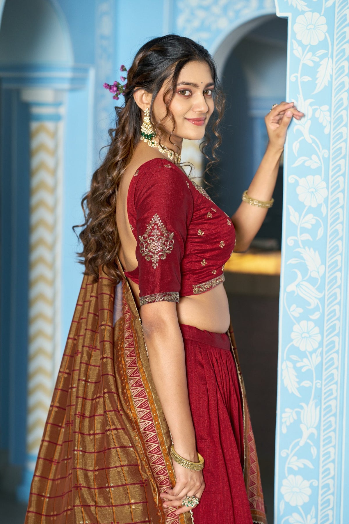 Festive Wear Vichitra Silk Sequins & Thread Embroidery Lehenga Set