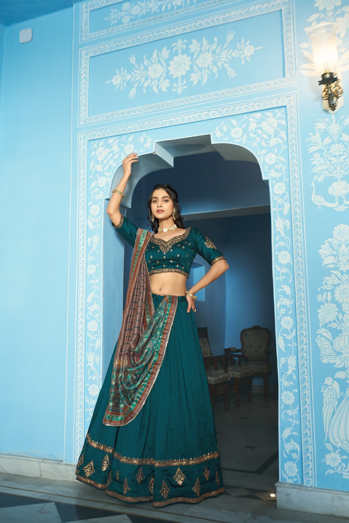 Festive Wear Vichitra Silk Sequins & Thread Embroidery Lehenga Set 