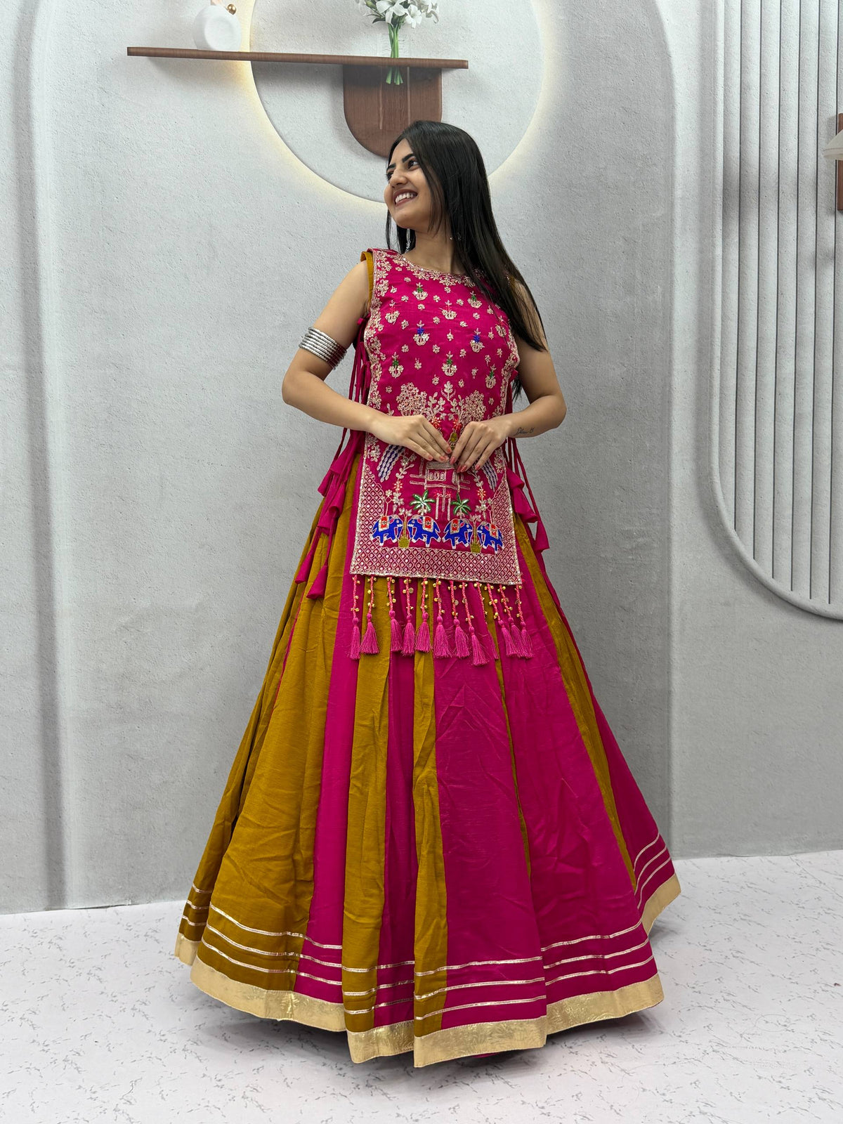 Designer Vichitra Silk Shrug With Lehenga Set | Tulip Designer
