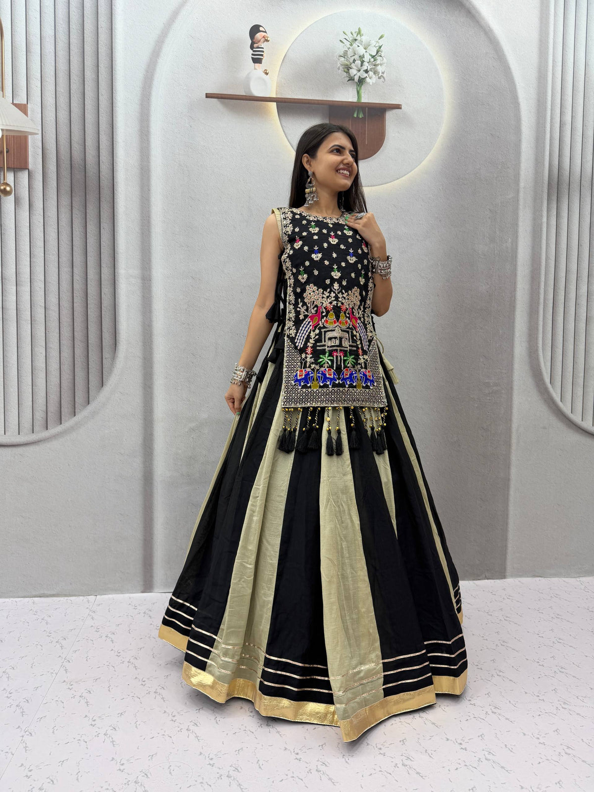 Designer Vichitra Silk Shrug With Lehenga Set | Tulip Designer