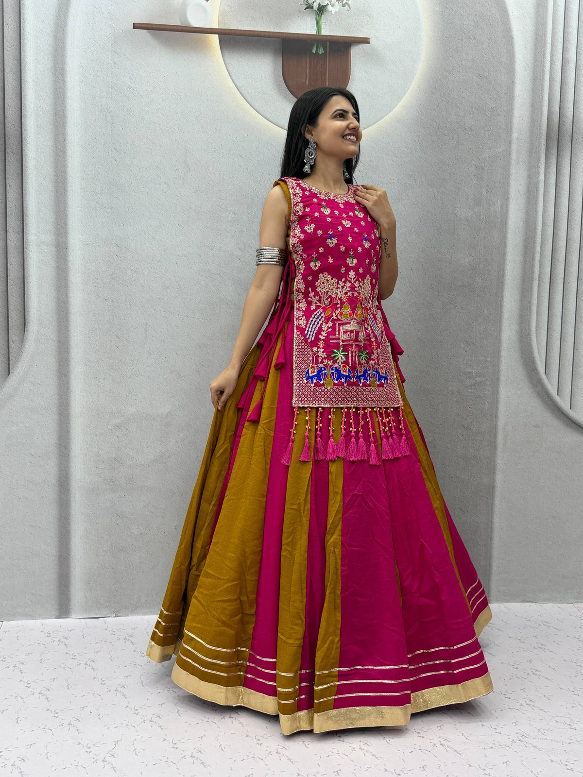 Designer Vichitra Silk Shrug With Lehenga Set | Tulip Designer