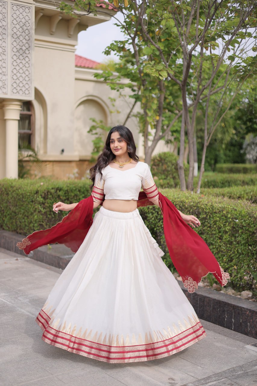 Elegant Viscose Jacquard Temple Weaving Work Lehenga Set