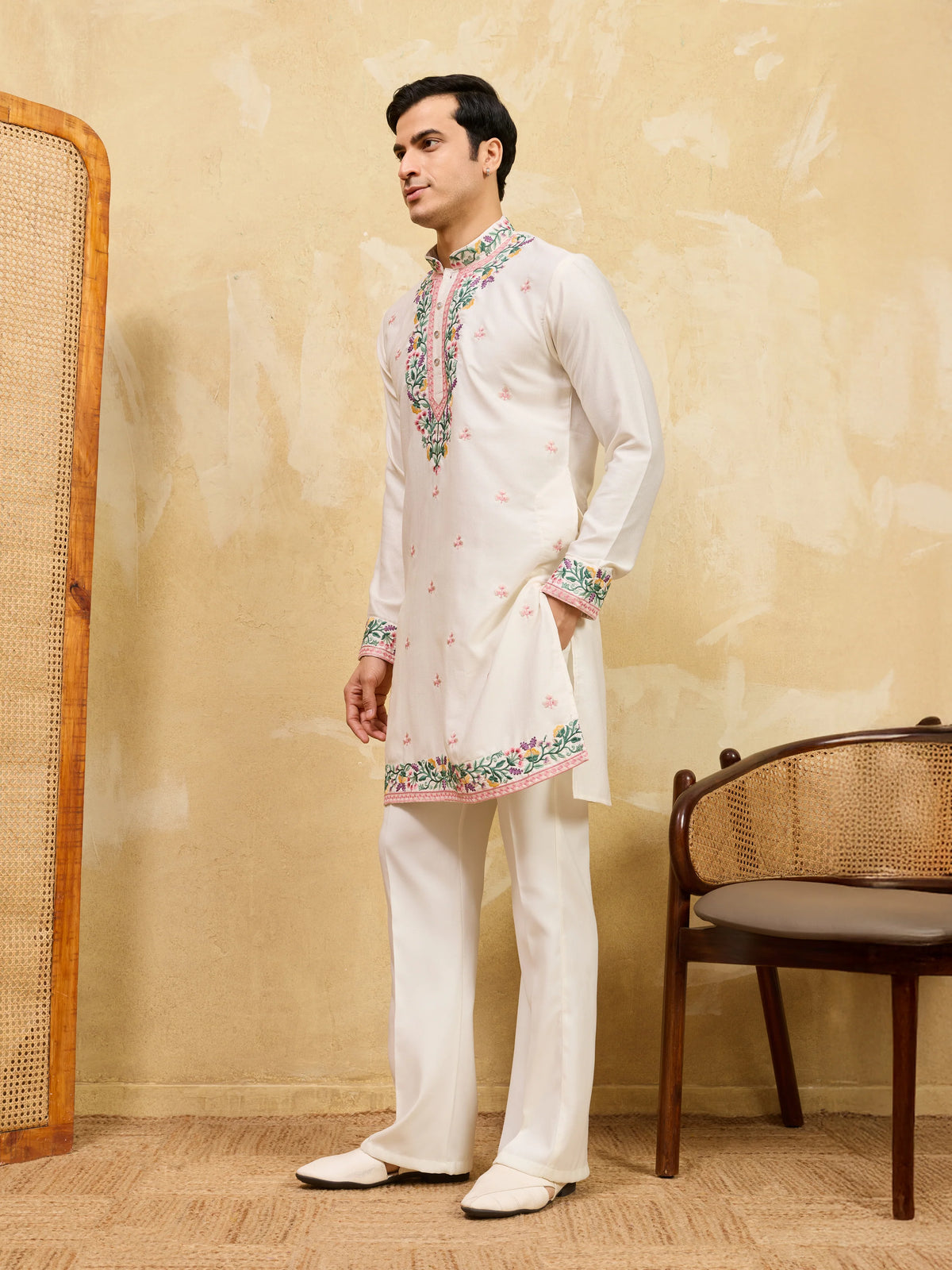Luxury White Khadi Silk Embroidered Kurta Set For Wedding
