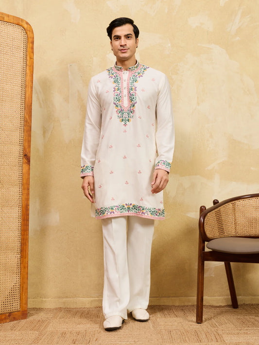 Luxury White Khadi Silk Embroidered Kurta Set For Wedding