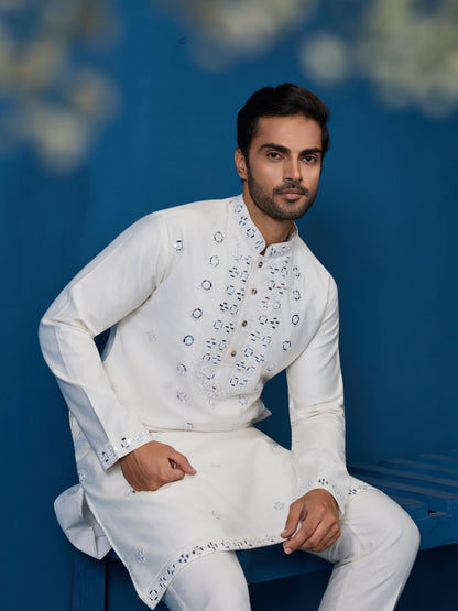 White Real Mirror Work Kurta Pant Set for Mens Wear