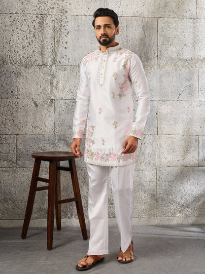 Majestic White Silk Festive Embroidered Kurta Bell Bottom Set