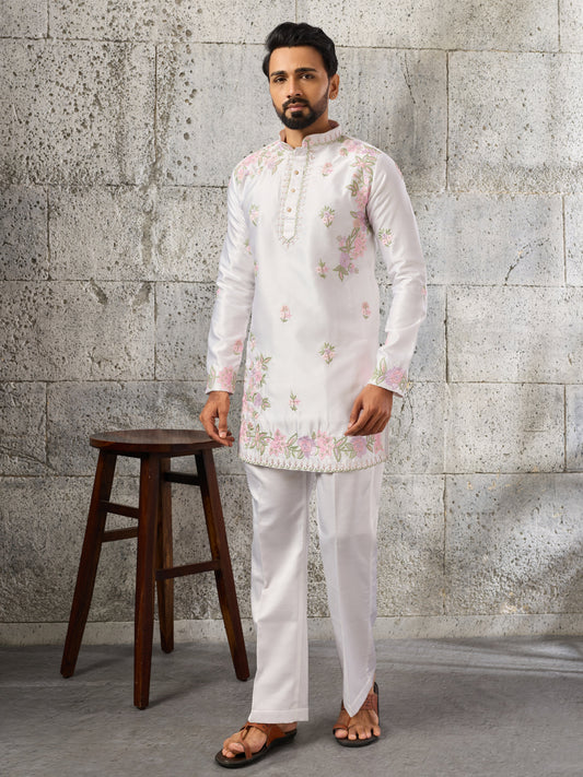 Majestic White Silk Festive Embroidered Kurta Bell Bottom Set