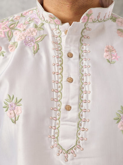 Majestic White Silk Festive Embroidered Kurta Bell Bottom Set