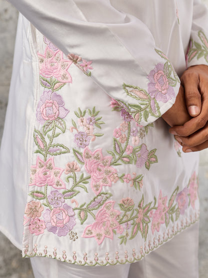 Majestic White Silk Festive Embroidered Kurta Bell Bottom Set