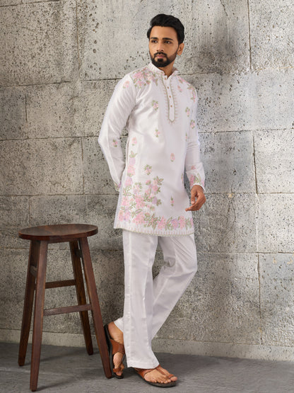 Majestic White Silk Festive Embroidered Kurta Bell Bottom Set