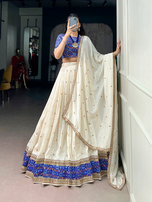 Glamorous Off White Vichitra Silk Sequins Embroidered Work Lehenga Choli Set