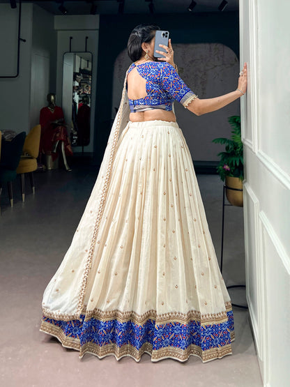 Glamorous Off White Vichitra Silk Sequins Embroidered Work Lehenga Choli Set