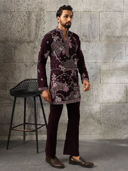 Stylish Wine Japanese Lachka Embroidered V Neack Kurta Bottom Set