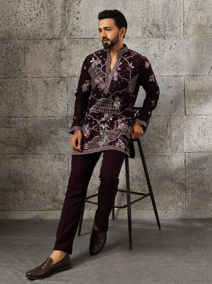 Stylish Wine Japanese Lachka Embroidered V Neack Kurta Bottom Set