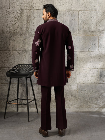 Stylish Wine Japanese Lachka Embroidered V Neack Kurta Bottom Set