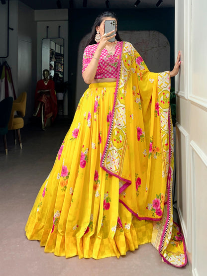 Royal Yellow Floral Print Georgette Lehenga Set for Special Occasions