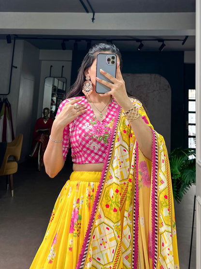Royal Yellow Floral Print Georgette Lehenga Set for Special Occasions