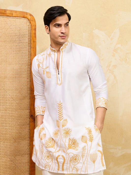 Elegant White Khadi Silk Kurta with Yellow Thread Work