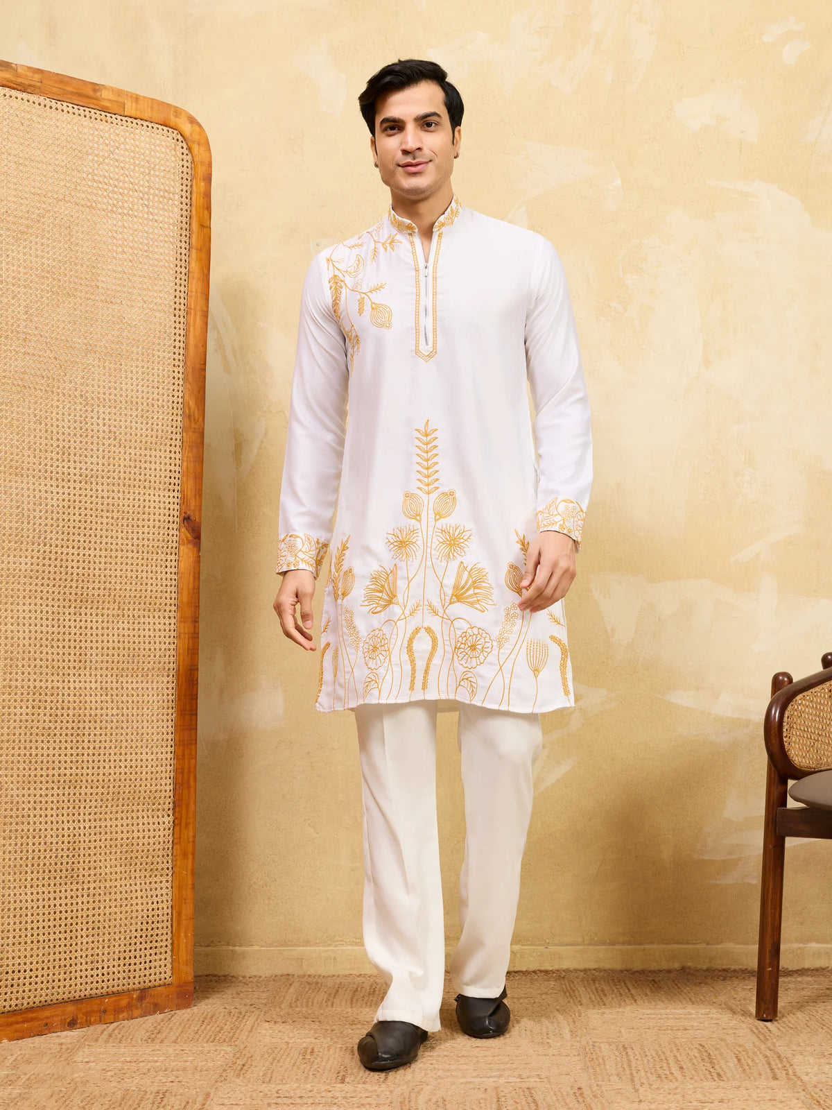 Elegant White Khadi Silk Kurta with Yellow Thread Work
