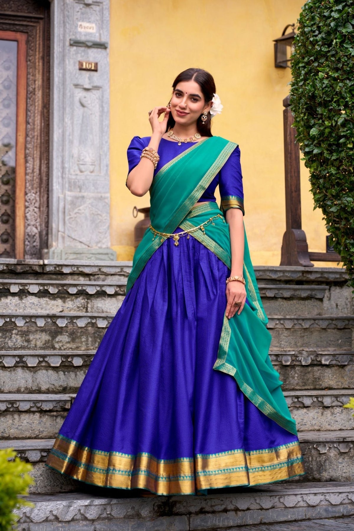 Ready-to-Wear Zari Woven Lehenga Set with Unstitched Blouse and Lace Border Dupatta