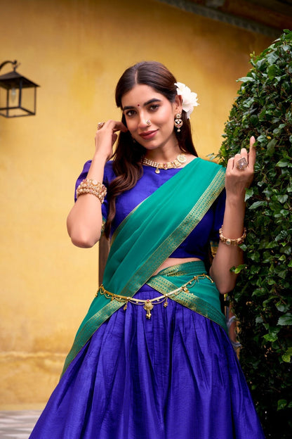 Ready-to-Wear Zari Woven Lehenga Set with Unstitched Blouse and Lace Border Dupatta
