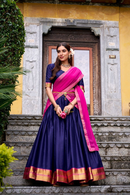 Ready-to-Wear Zari Woven Lehenga Set with Unstitched Blouse and Lace Border Dupatta