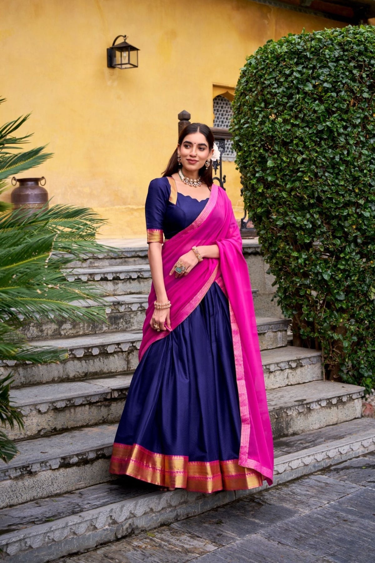 Ready-to-Wear Zari Woven Lehenga Set with Unstitched Blouse and Lace Border Dupatta