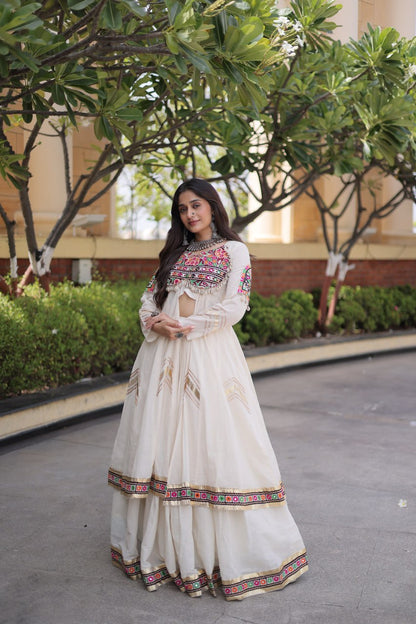 Navratri Kora Cotton Real Mirror Work Lehenga Shrug Set